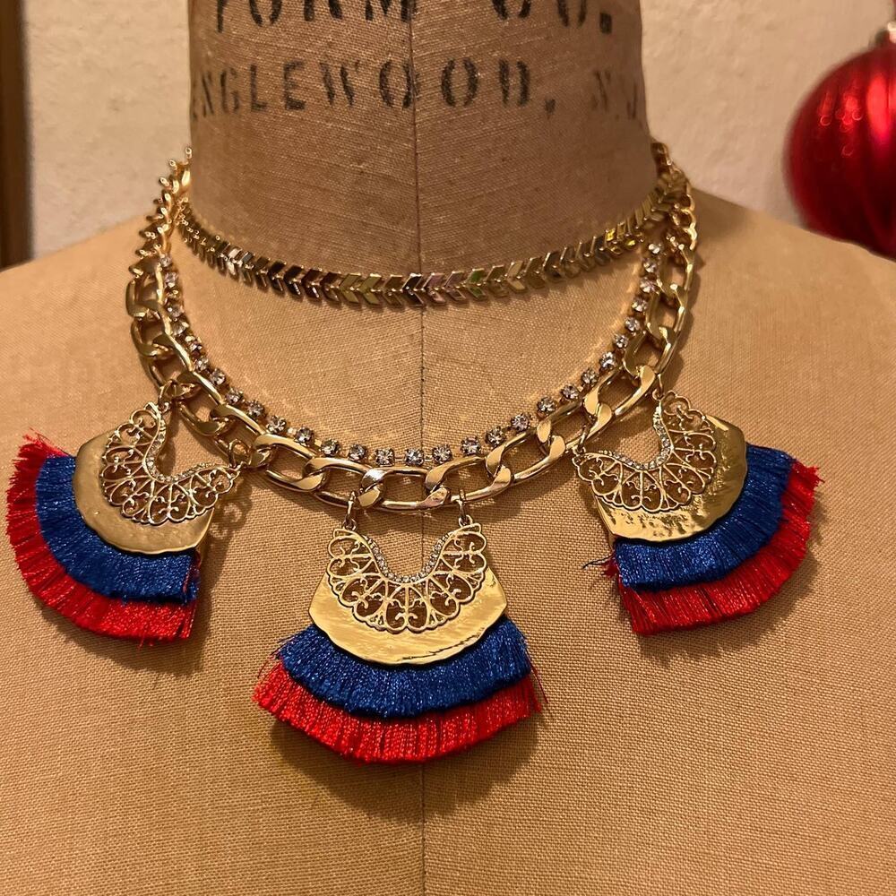 GUESS Gold-Tone Crystal & Fringe Statement Necklace NWT